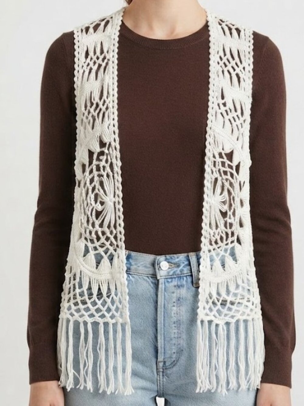 White Open-Knit Fringe Vest